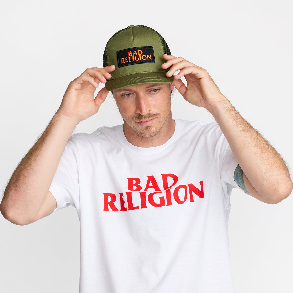 Bad Religion Text Trucker Hat in military green; official merch by TSURT