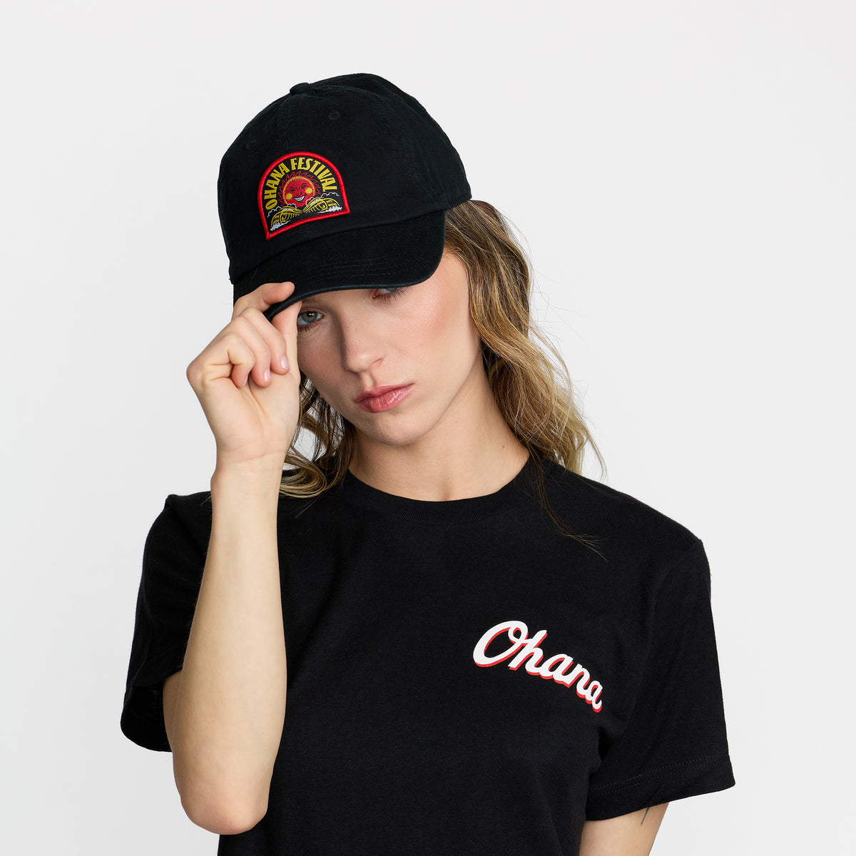 Ohana Festival Sunny Daze Dad Hat on model; official Ohana Festival merch by TSURT