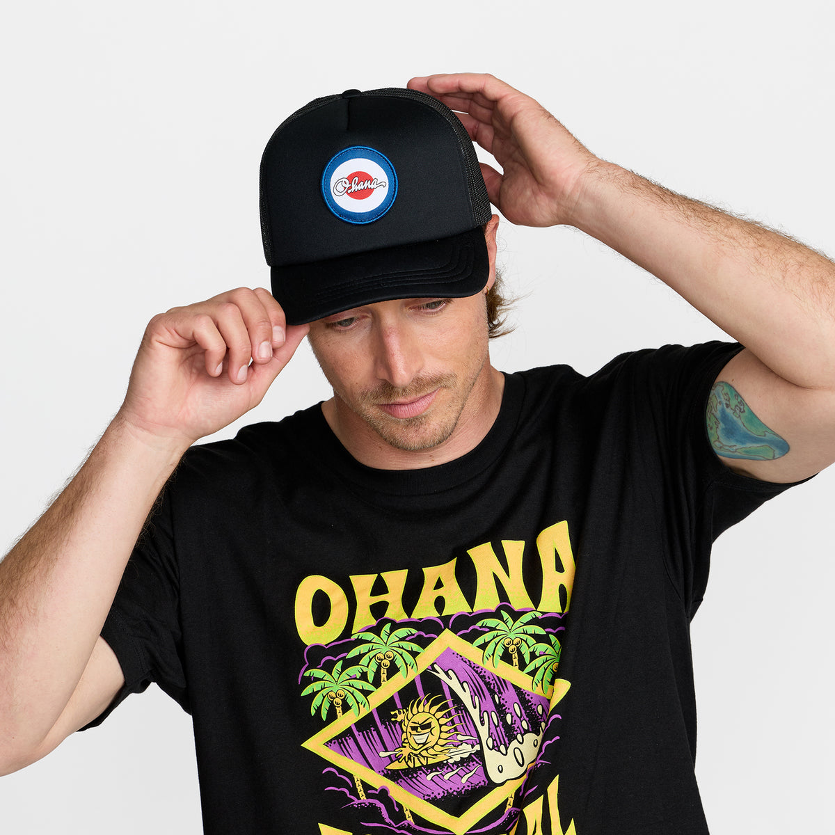 Ohana Festival Target Trucker Hat front on model; official Ohana Festival merch by TSURT