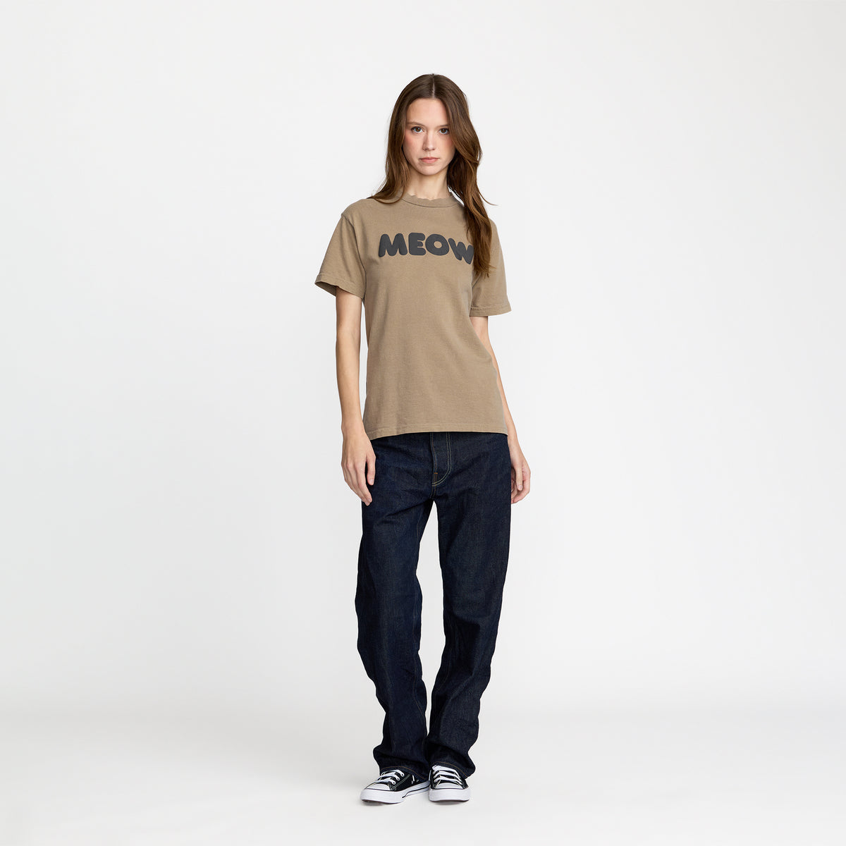 Ted &amp; Herb Meow tee in brown on model; official merch by TSURT
