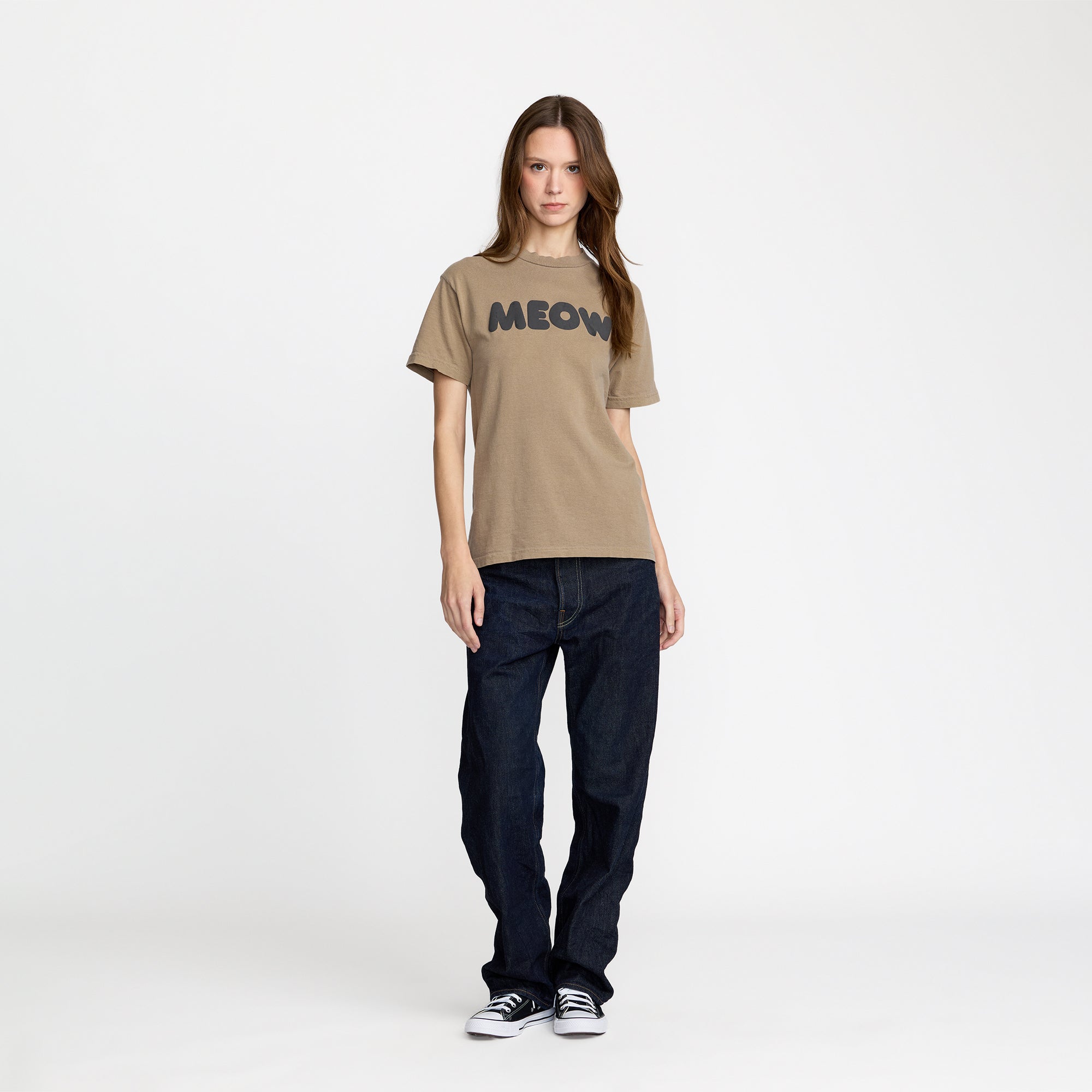 Brown t-shirt with 'MEOW' printed; official Ted & Herb merch by TSURT