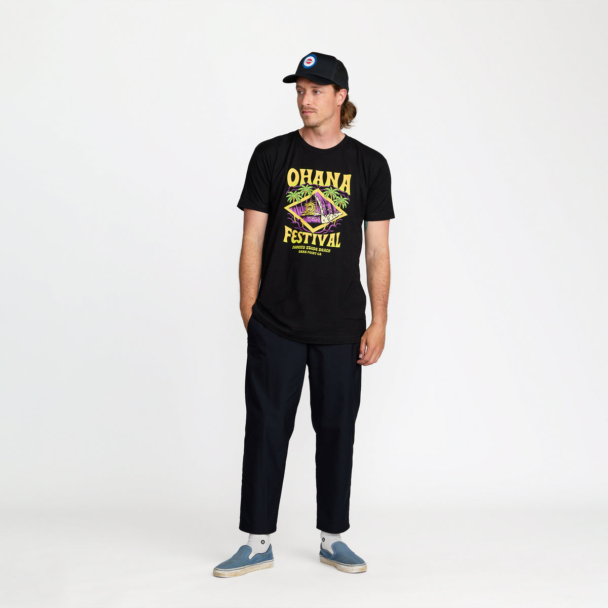 Ohana Festival Sunny Daze Tee front print on model; official Ohana Festival merch by TSURT