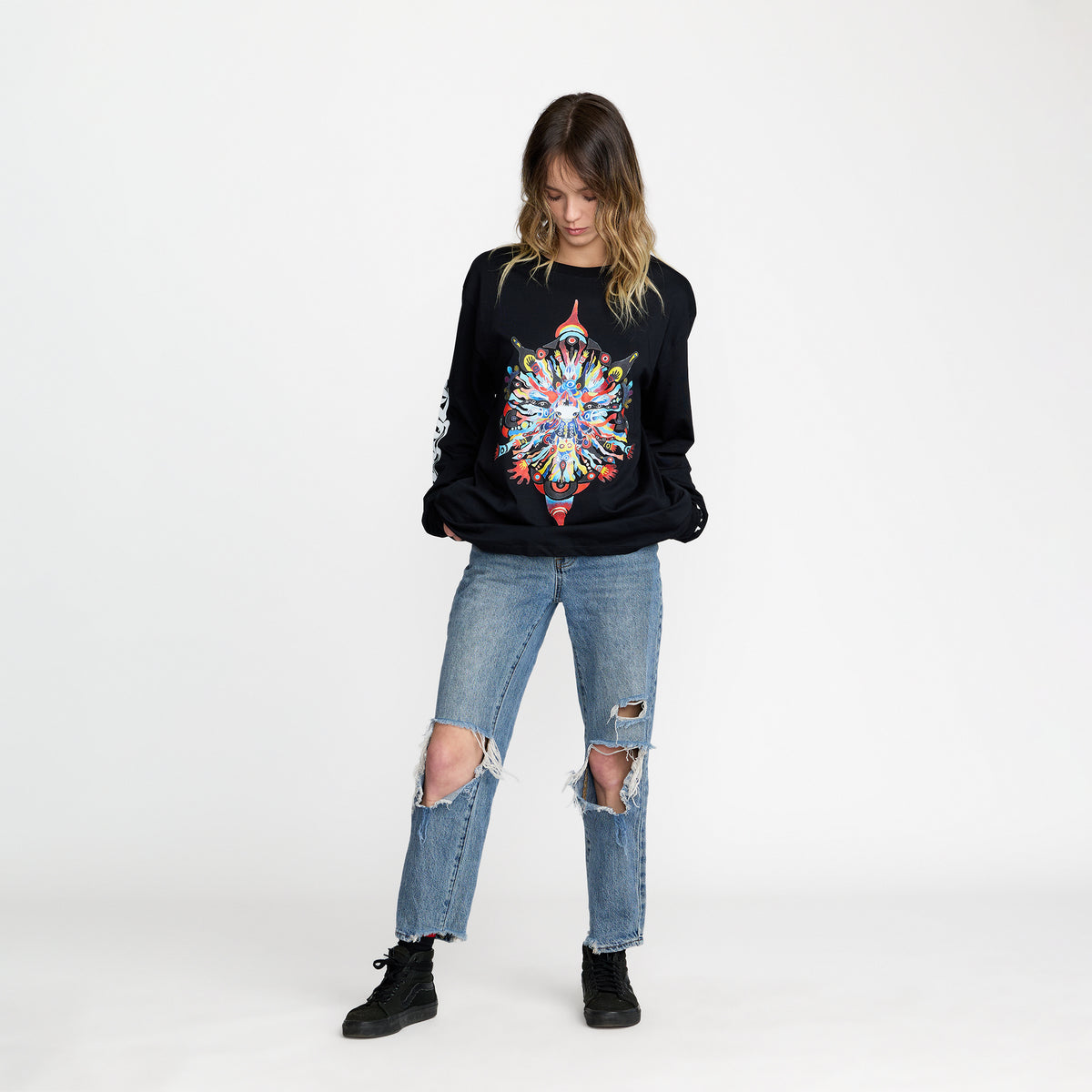 Person modeling Kikuoland Long Sleeve front print; official merch by TSURT