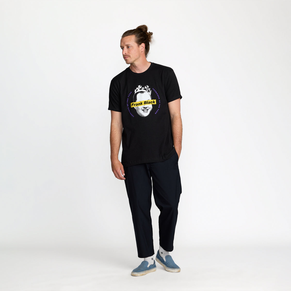 Frank Black Bracketed Tee front print on model; official band merch by TSURT