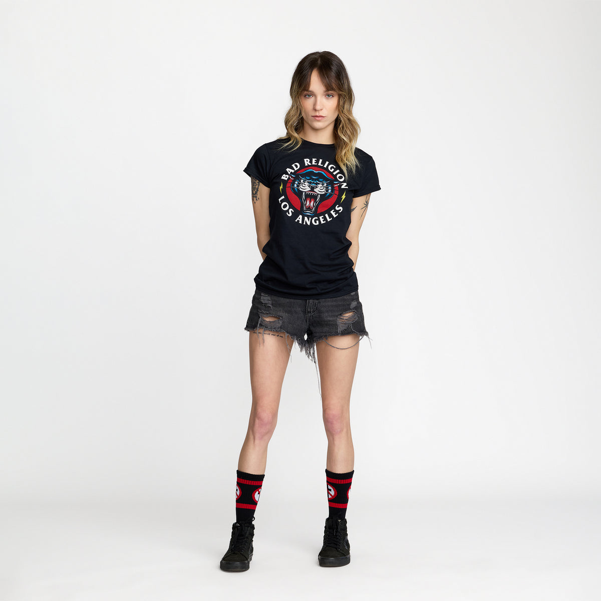 Bad Religion Lightning Cougar Women&#39;s Tee front print on model; official merch by TSURT