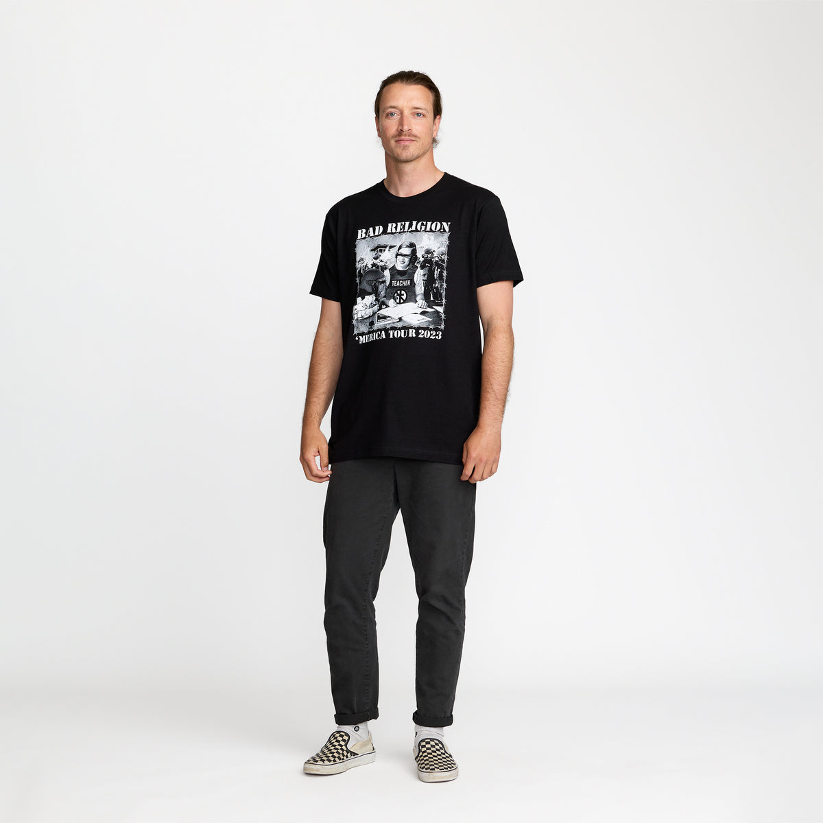 Bad Religion Teaching in USA Tour Tee front print on model; official merch by TSURT