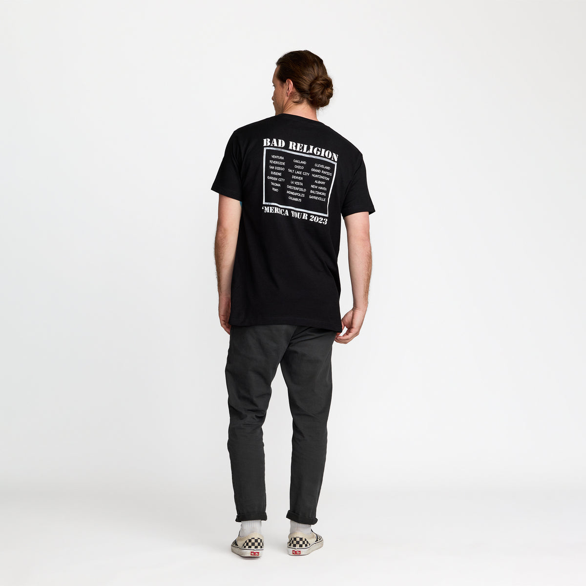 Bad Religion Teaching in USA Tour Tee back print on model; official merch by TSURT
