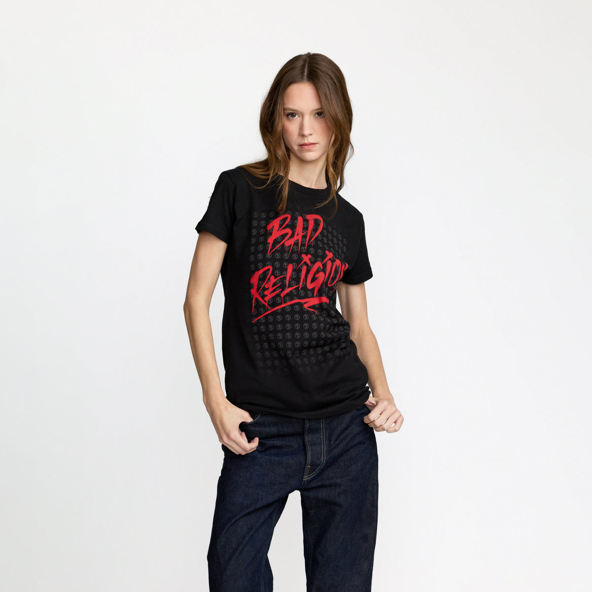 Bad Religion Tagged Women&#39;s Tee front print on model; official Bad Religion merch by TSURT