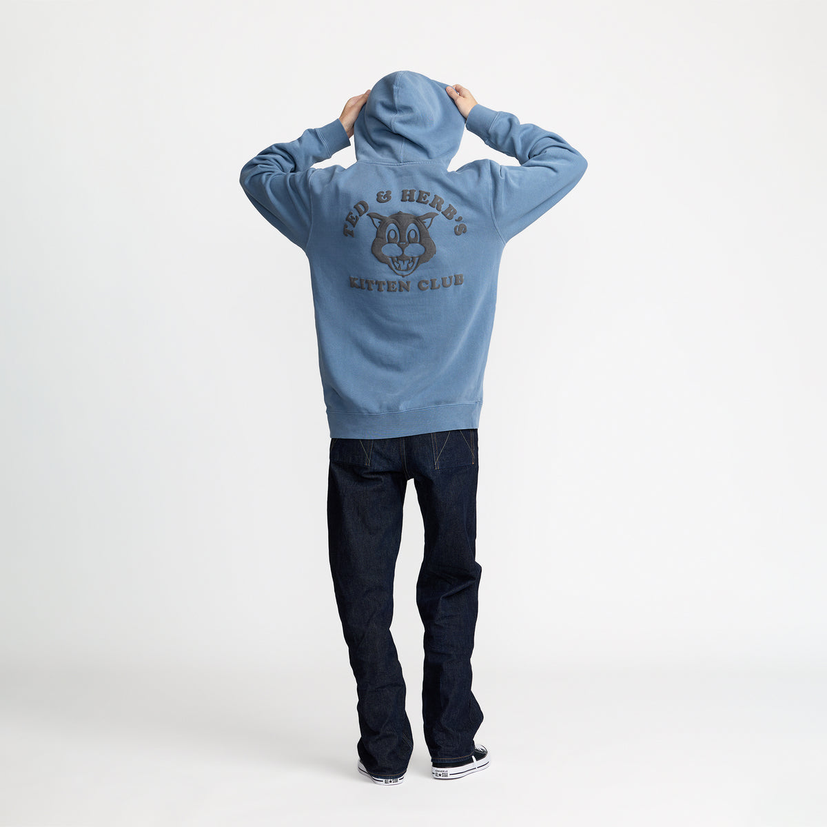 Ted &amp; Herb&#39;s Kitten Cub Pullover back print on model; official Ted &amp; Herb merch by TSURT