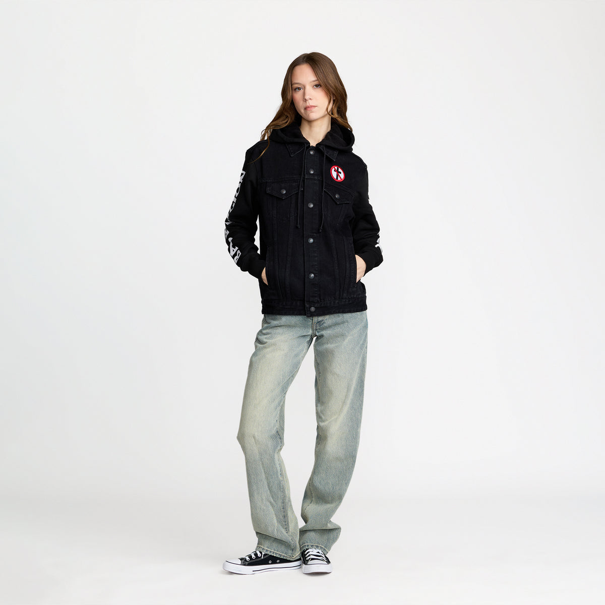 Bad Religion Buster Denim Trucker Jacket front on model; official Bad Religion merch by TSURT