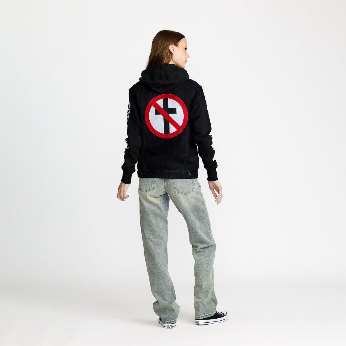 Bad Religion Buster Denim Trucker Jacket back on model; official Bad Religion merch by TSURT