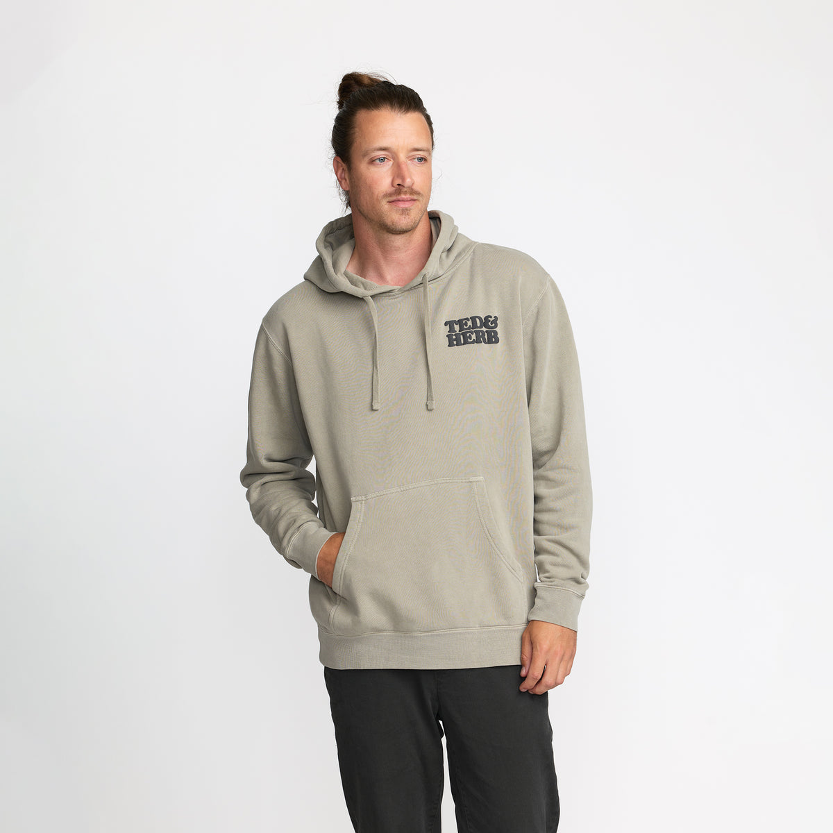 Ted &amp; Herb&#39;s Kitten Cub Pullover in grey front print on model; official Ted &amp; Herb merch by TSURT