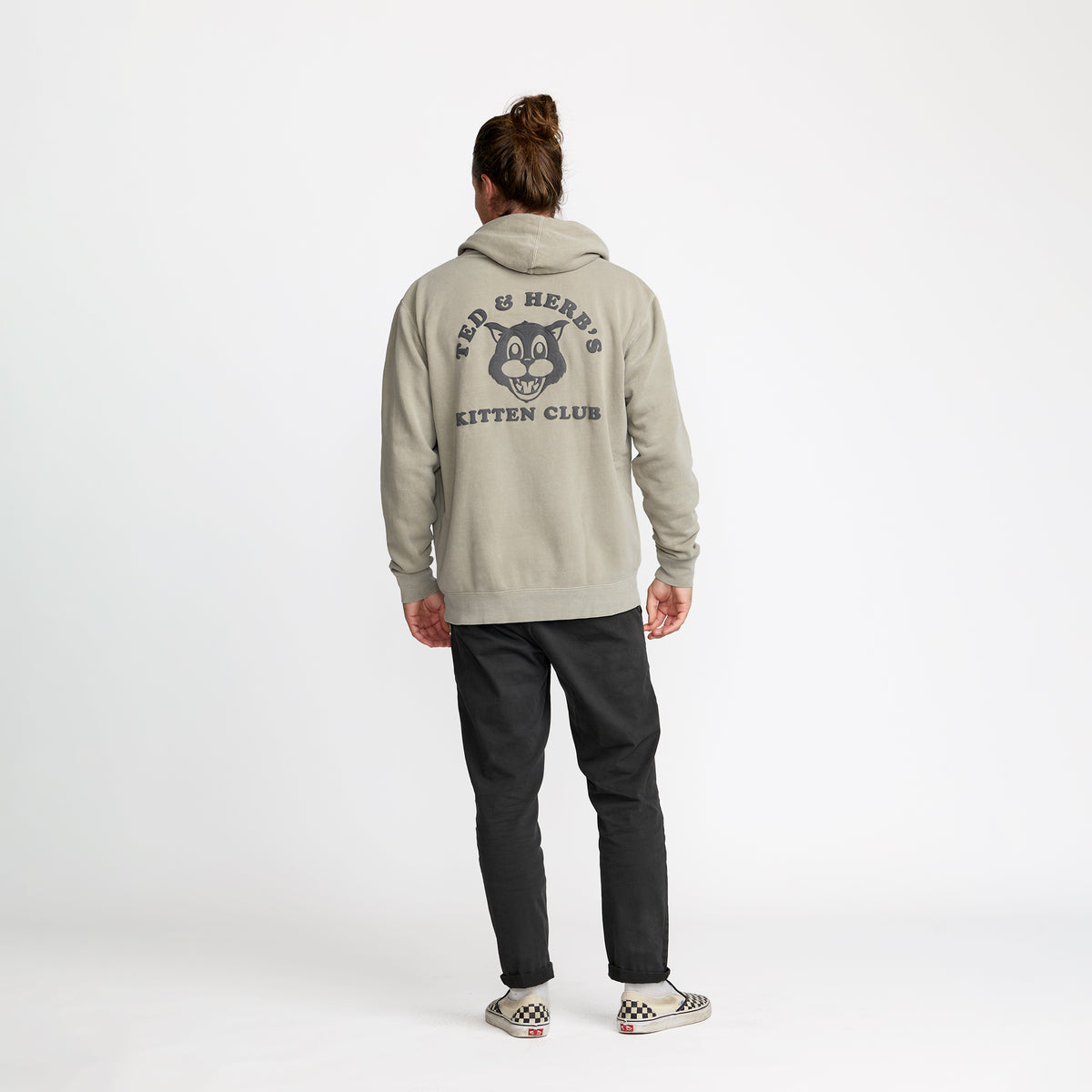 Ted &amp; Herb&#39;s Kitten Cub Pullover in grey back print on model; official Ted &amp; Herb merch by TSURT