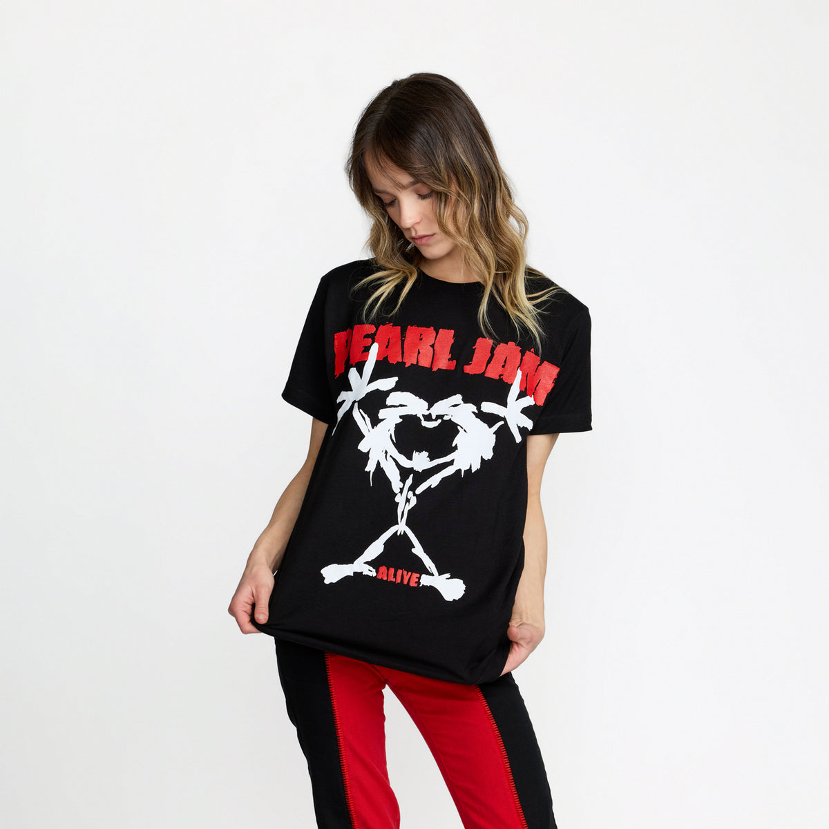 Pearl Jam Stickman Tee front print on model; official Pearl Jam merch by TSURT