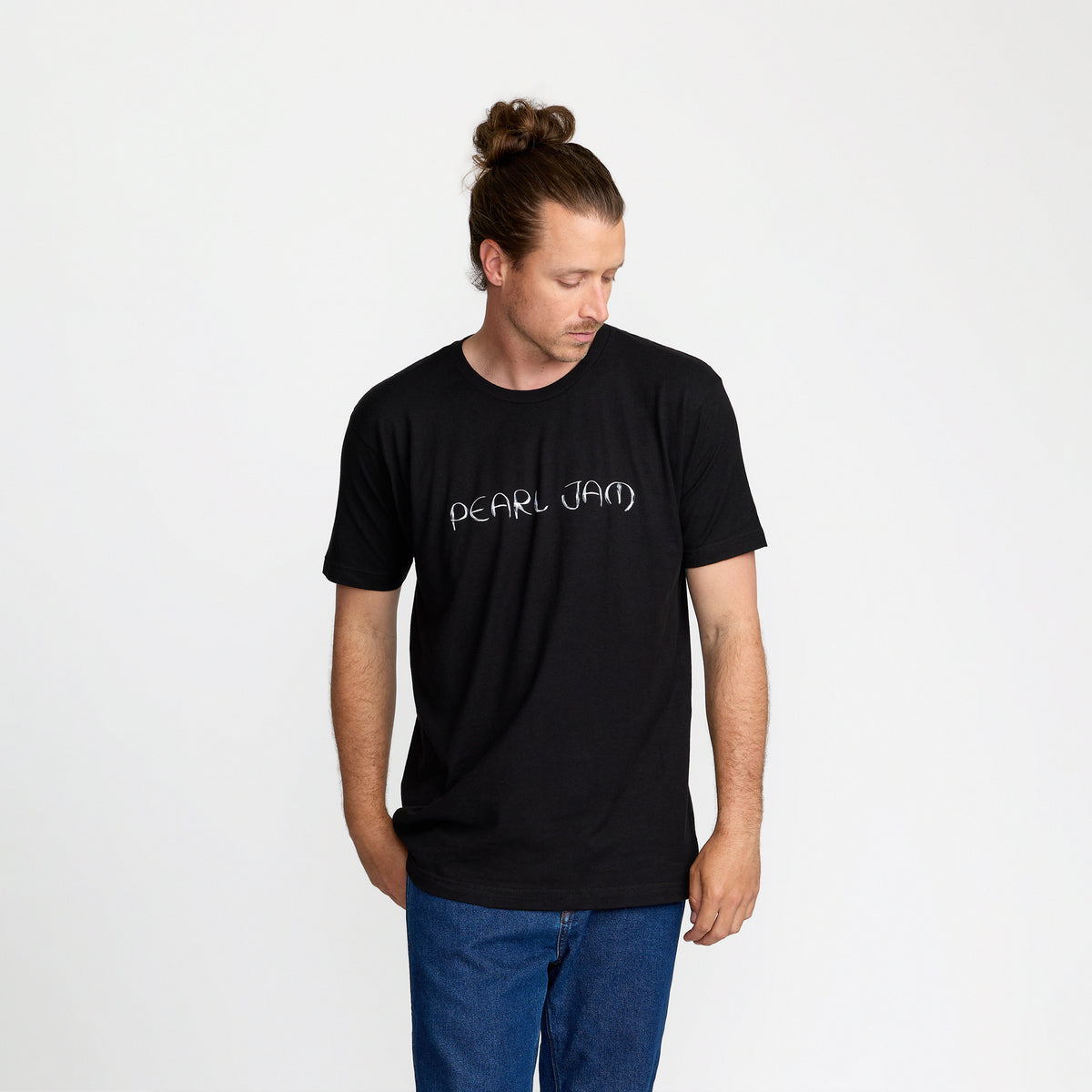 Pearl Jam Dm Albums Tee front print on model; official Pearl Jam merch by TSURT