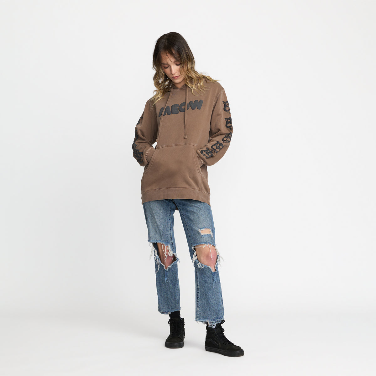 Ted &amp; Herb Meow Pullover front print on model; official Ted &amp; Herb merch by TSURT