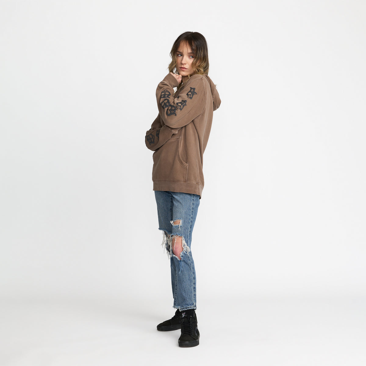 Ted &amp; Herb Meow Pullover sleeves on model; official Ted &amp; Herb merch by TSURT