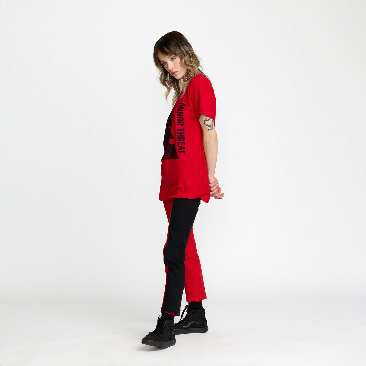 Official Minor Threat LP Tee front print side view; official band merch by TSURT
