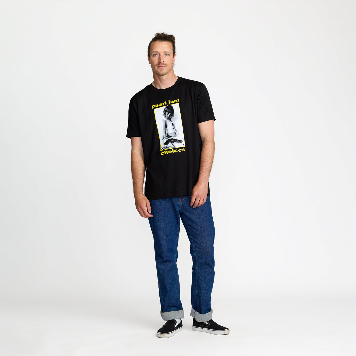 Pearl Jam Choices Tee front print on model; official Pearl Jam merch by TSURT