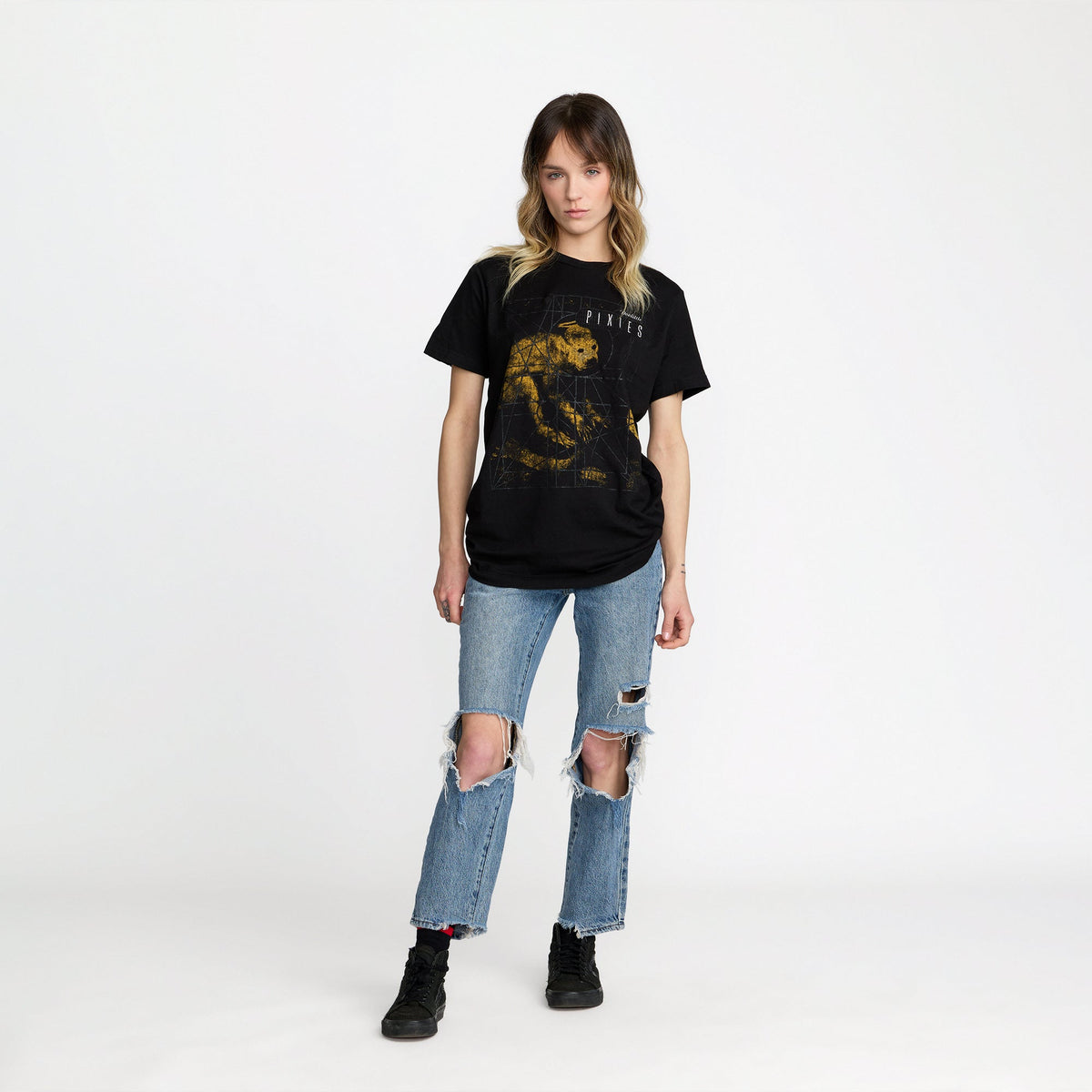 Pixies Vintage Grid tee front print on model; official Pixies merch by TSURT