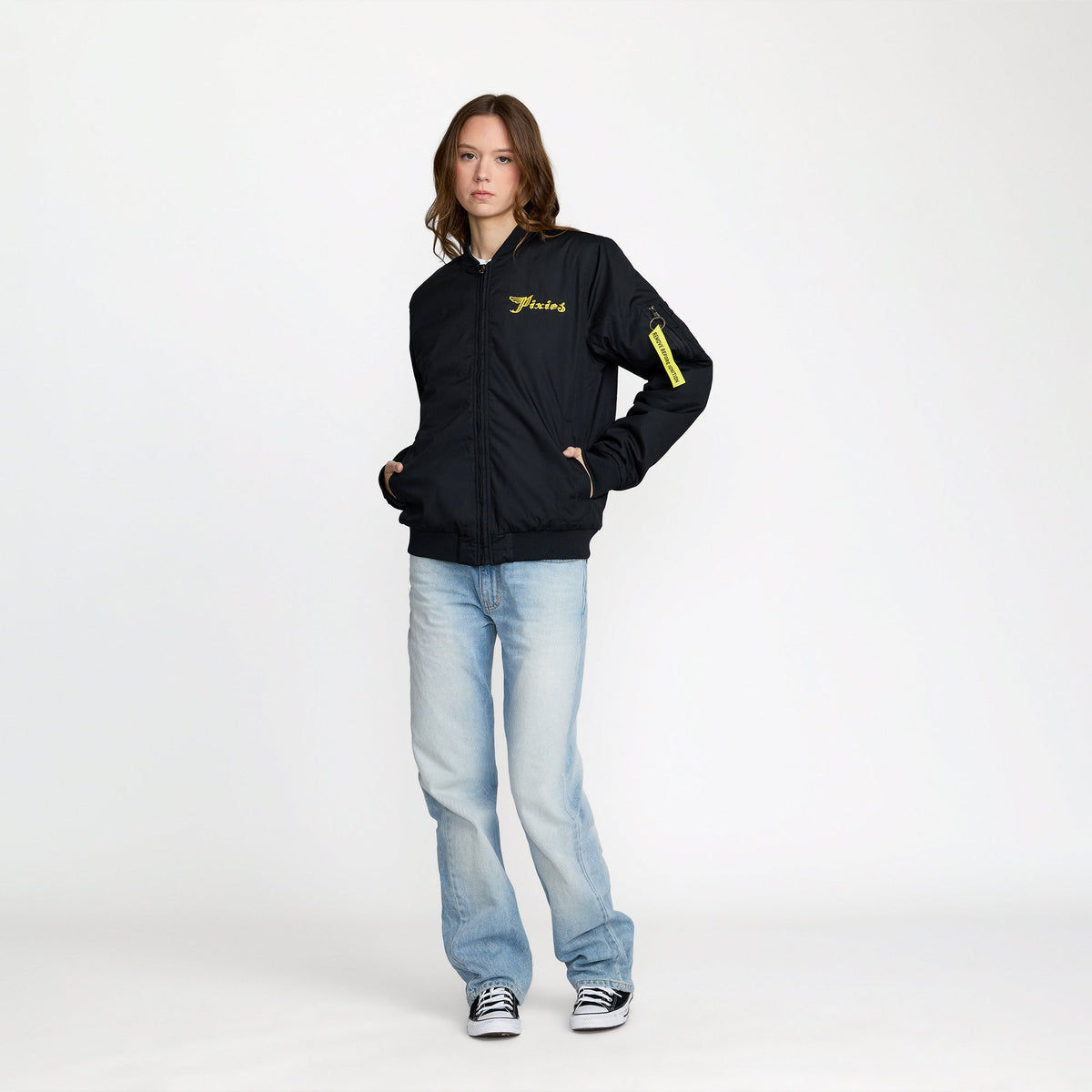 Pixies Circle P Bomber Jacket front print on model; official Pixies merch by TSURT