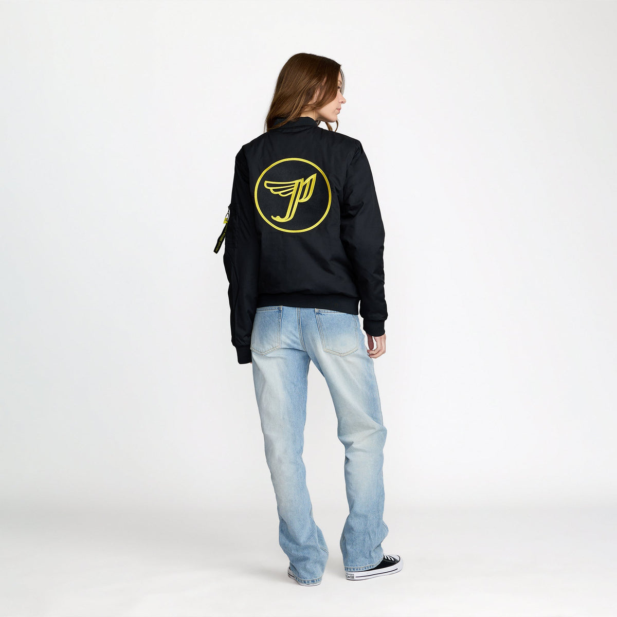 Pixies Circle P Bomber Jacket front print on model; official Pixies merch by TSURT
