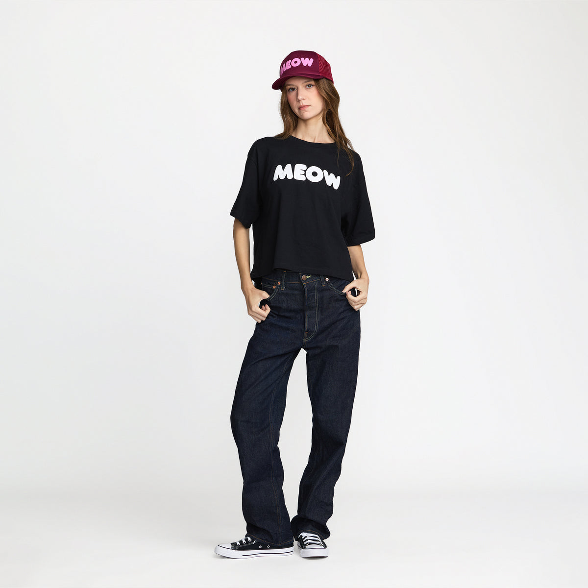 Ted &amp; Herb Meow Crop in Black on model; official merch by TSURT