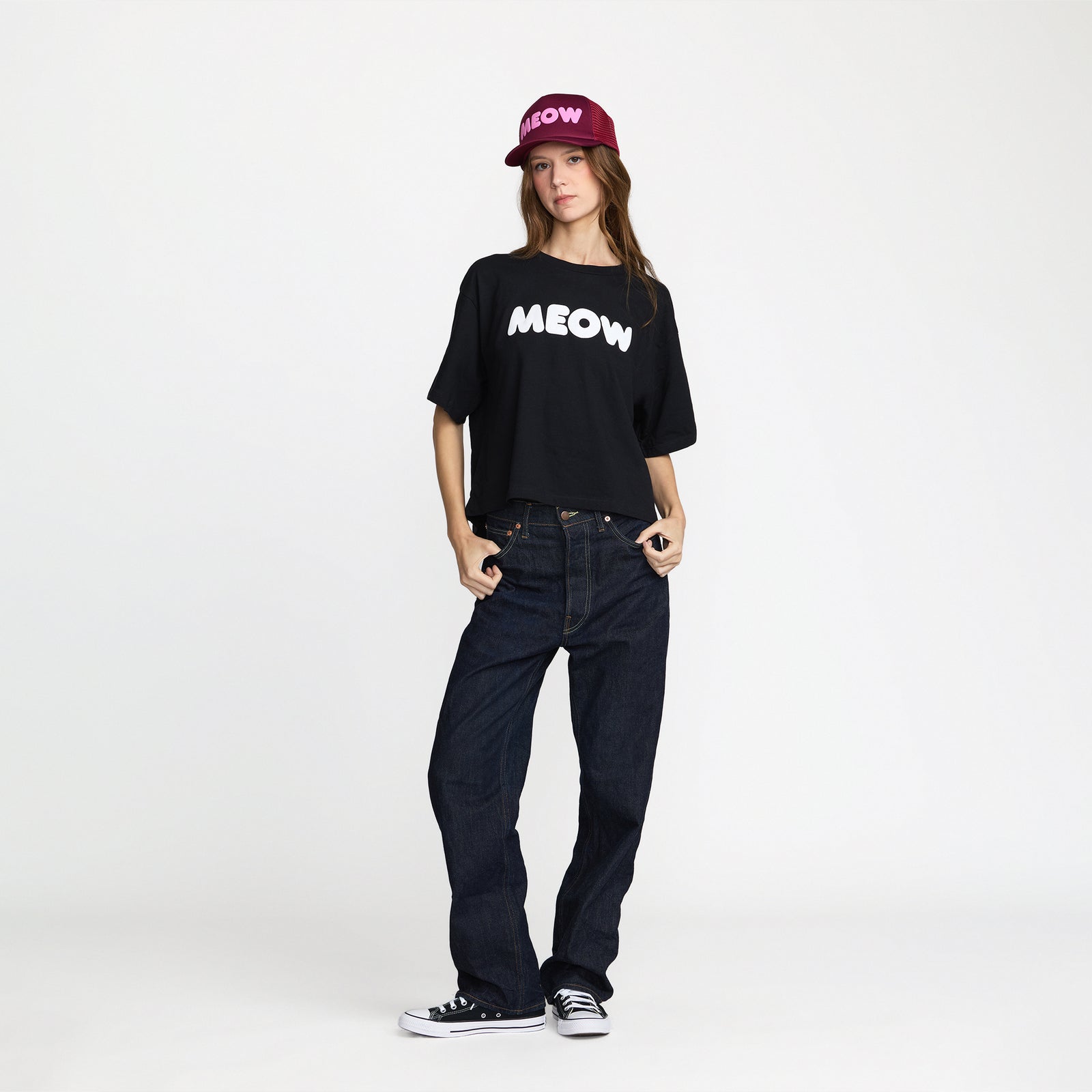 Black crop t-shirt with 'MEOW' printed; official Ted & Herb merch by TSURT