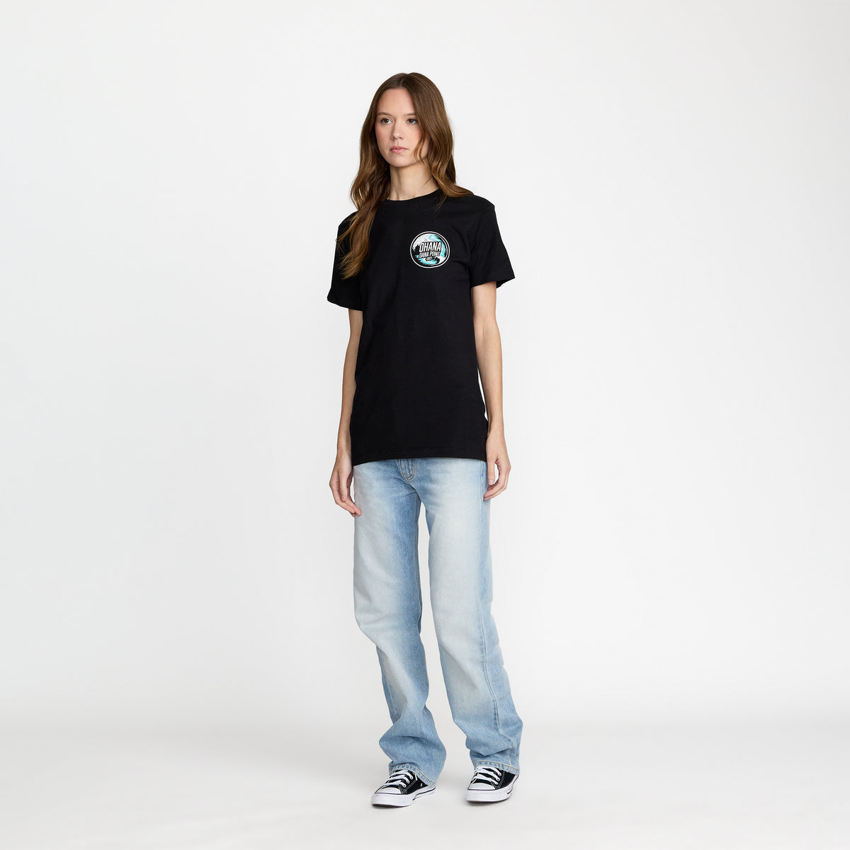 Ohana Festival O Wave Tee front print on model; official Ohana Festival merch by TSURT