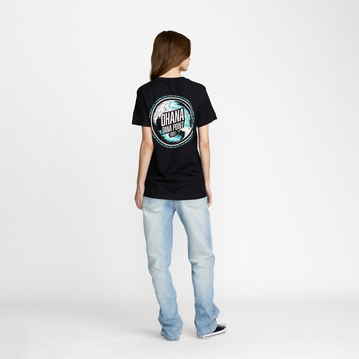 Ohana Festival O Wave Tee back print on model; official Ohana Festival merch by TSURT