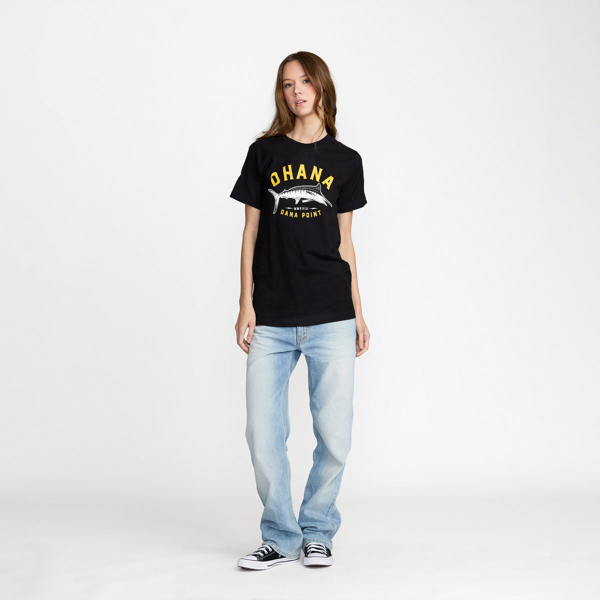 Ohana Festival Marlin Tee front print on model; official Ohana Festival merch by TSURT