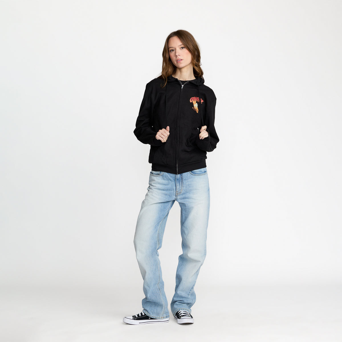 Ohana Festival Surfer Skelly Zip front print on model; official Ohana Festival merch by TSURT