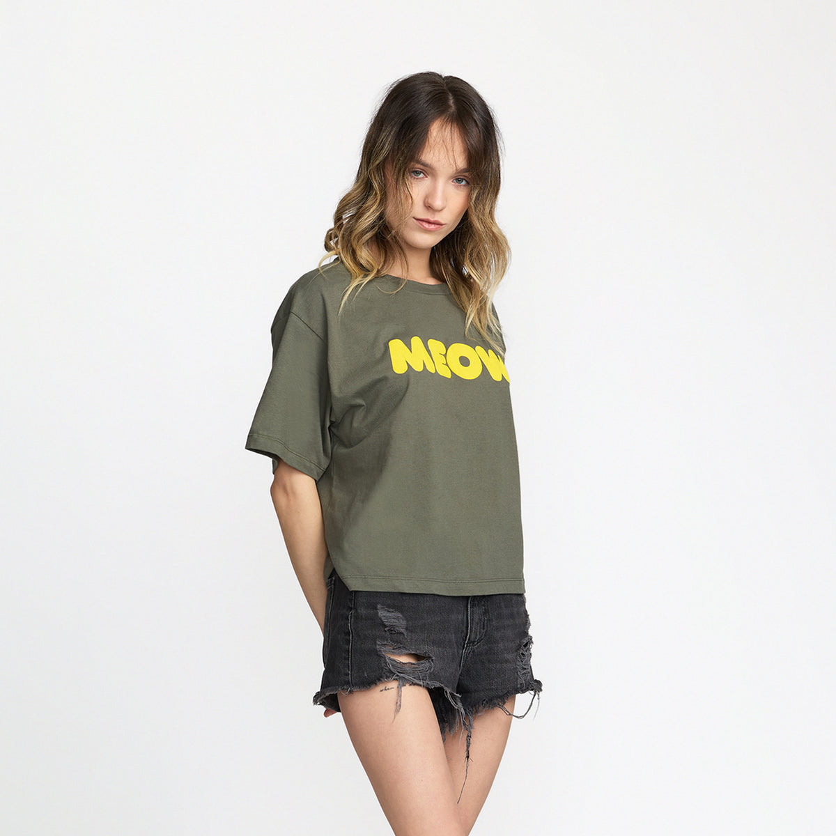 Model wearing Ted &amp; Herb Meow Crop Tee in Green; official merch by TSURT