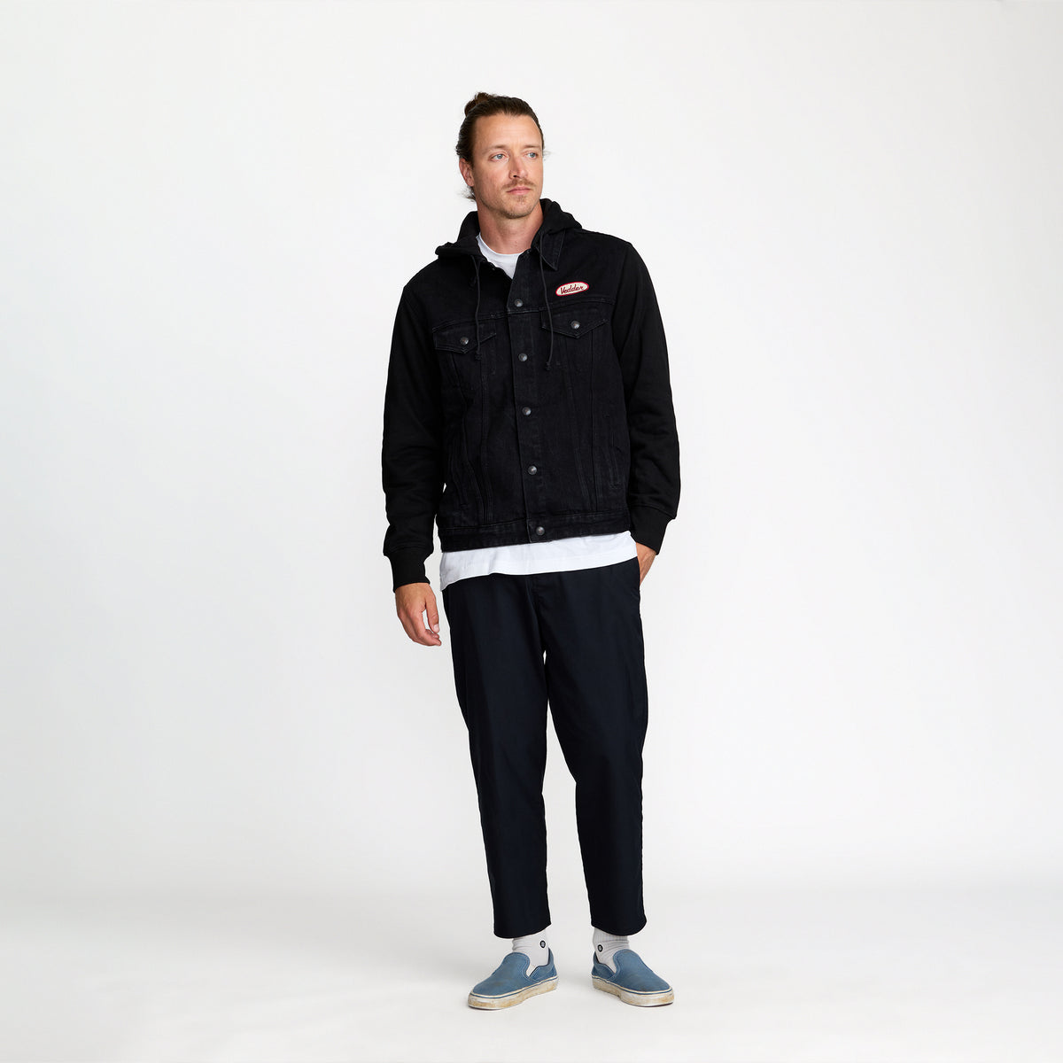 Eddie Vedder Station Trucker jacket front on model; official band merch by TSURT