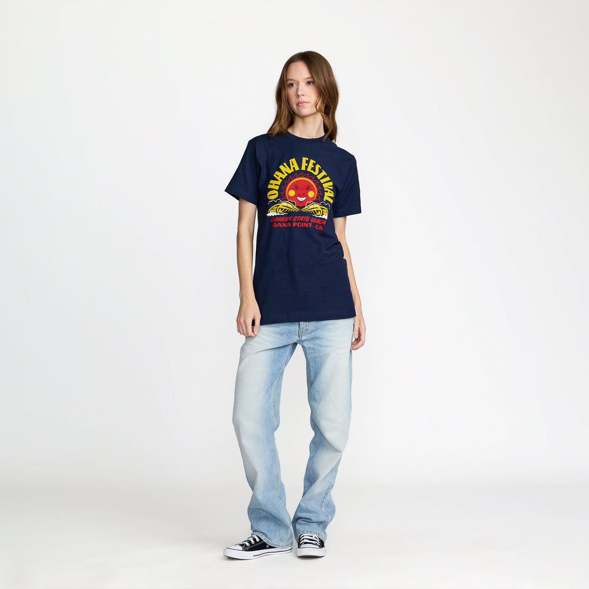 Ohana Festival Sunny Daze Tee front print on model; official Ohana Festival merch by TSURT