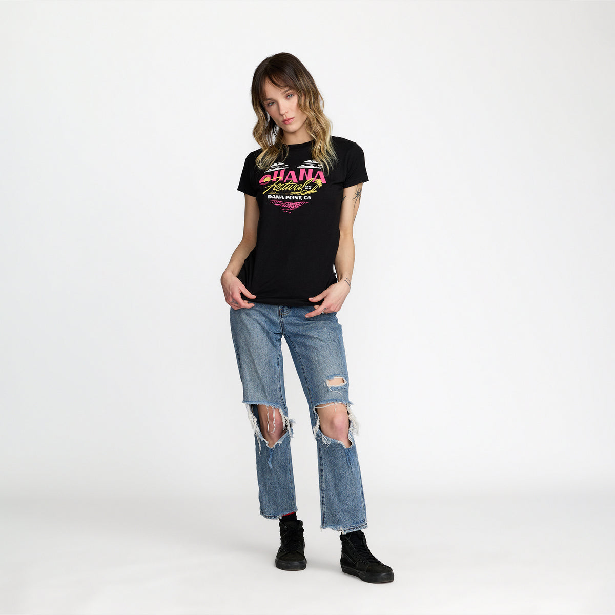 Ohana Festival Heart Tee front print on model; official Ohana Festival merch by TSURT