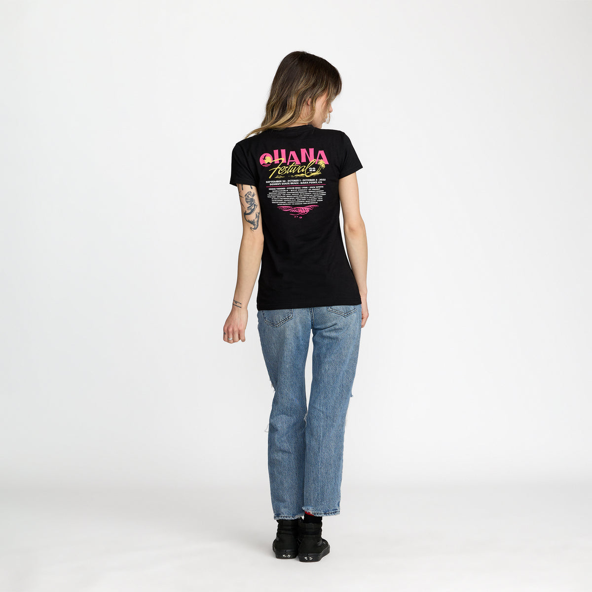 Ohana Festival Heart Tee back print on model; official Ohana Festival merch by TSURT