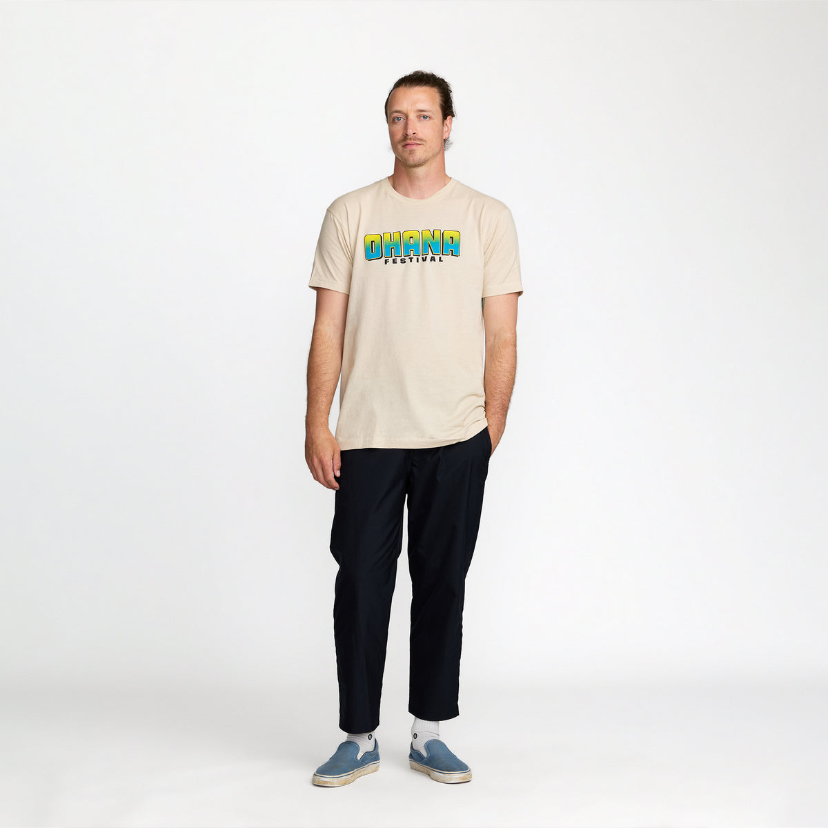 Ohana Festival Yellowfin Tee back print on model; official Ohana Festival merch by TSURT