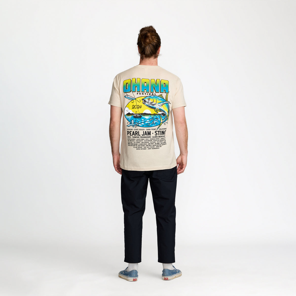 Ohana Festival Yellowfin Tee front print on model; official Ohana Festival merch by TSURT