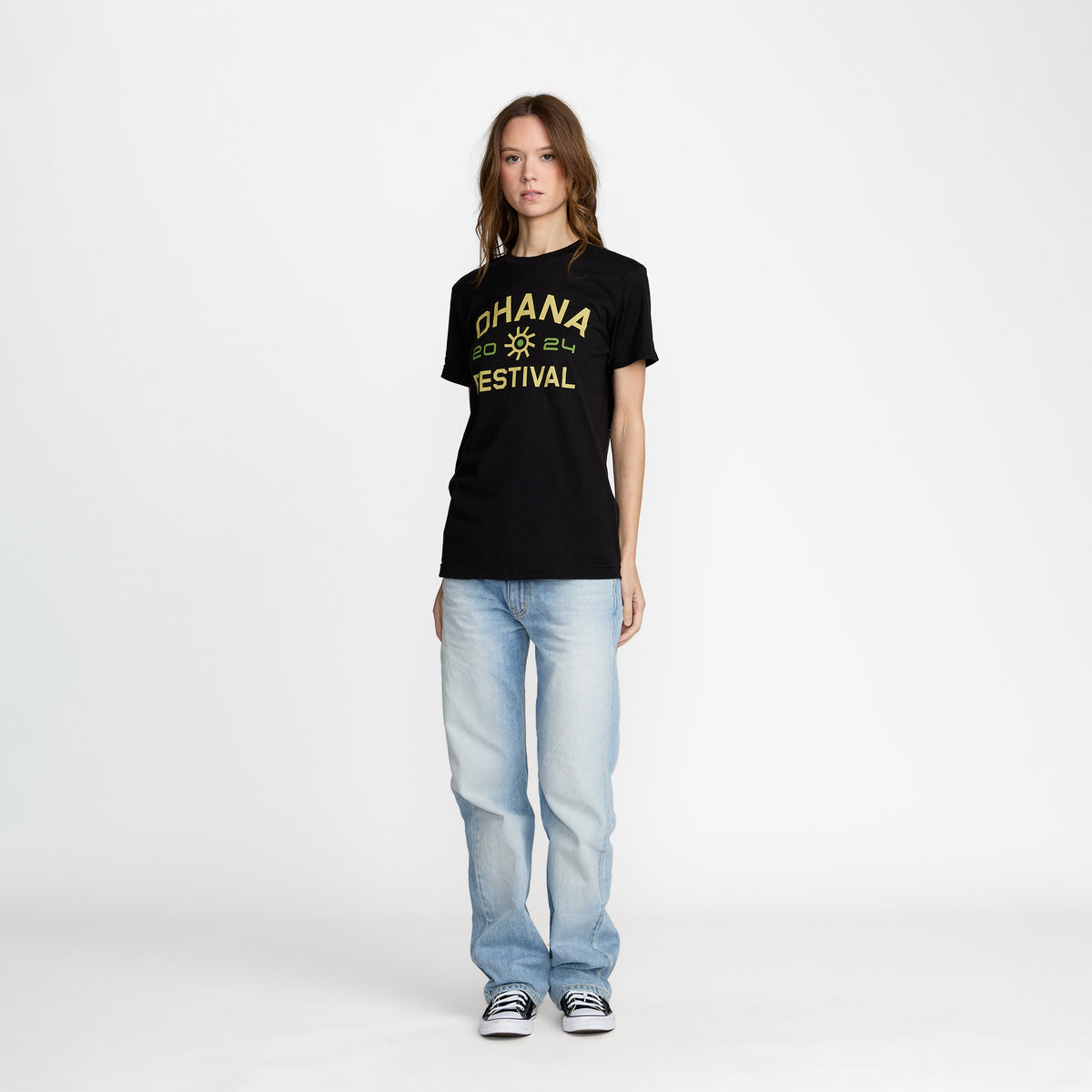 Ohana Festival Minimal Shine tee front print on model; official Ohana Festival merch by TSURT