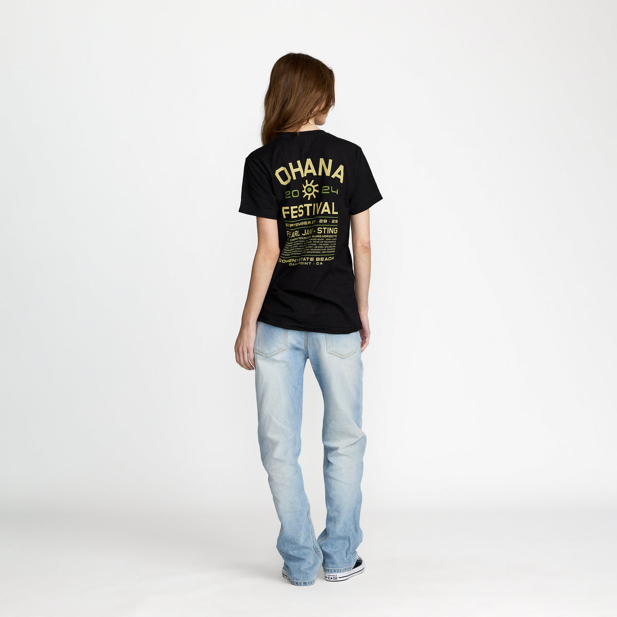 Ohana Festival Minimal Shine tee back print on model; official Ohana Festival merch by TSURT
