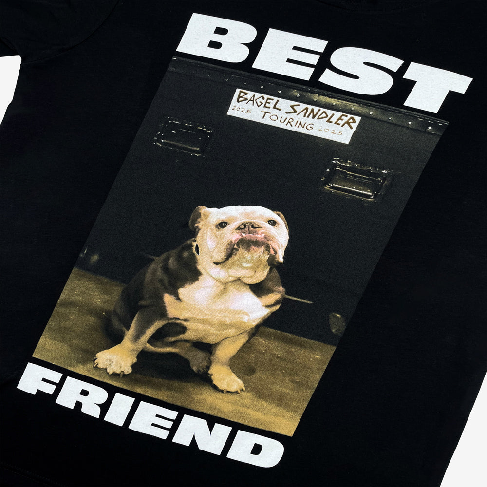Close up of a black t-shirt with a graphic of Bagel Sandler and text 'BEST FRIEND'