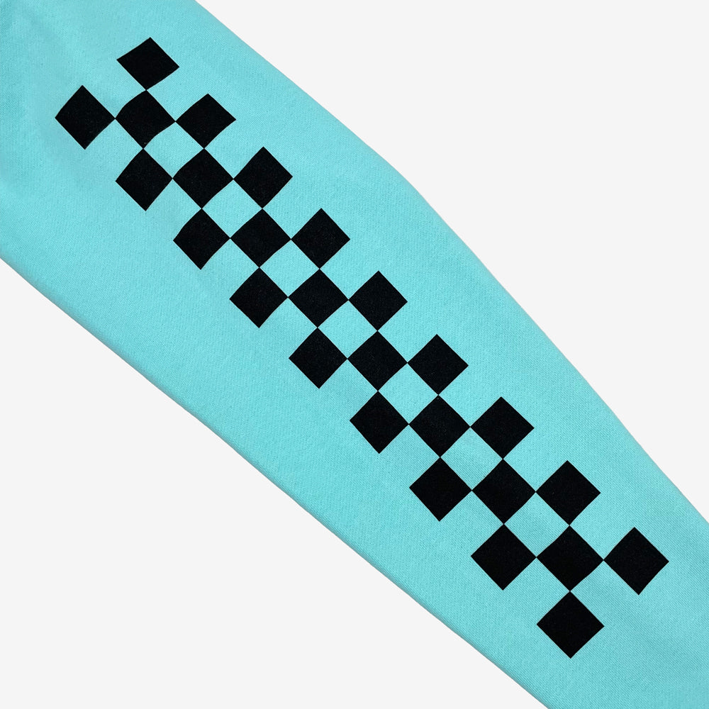 Mint colored hoodie sleeve with a black checker pattern printed on the sleeve