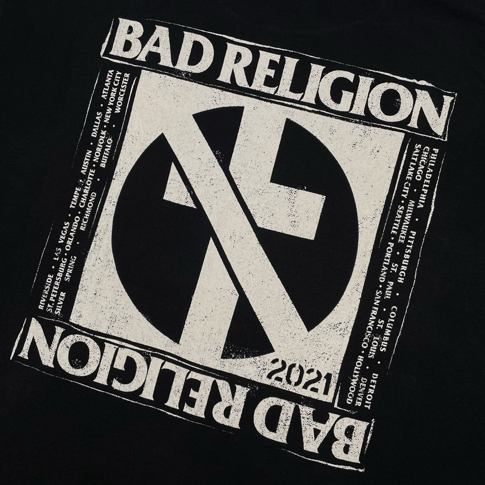CLose up of a black Bad Religion graphic tee backprint with box crossbuster logo and list of 2021 tour cities