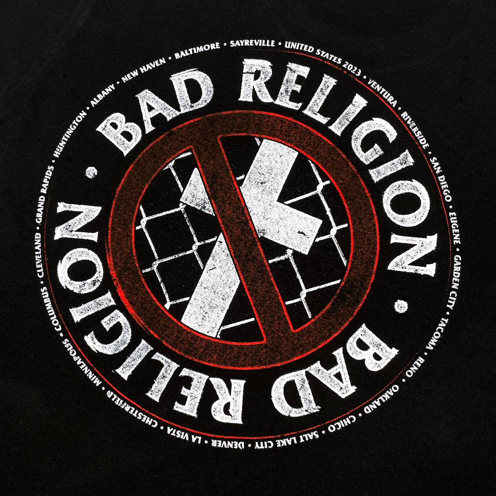 Close up of a back print of black Bad Religion tee with crossbuster logo with text reading "Bad Religion Bad Religion" and a list of cities from the 2023 tour