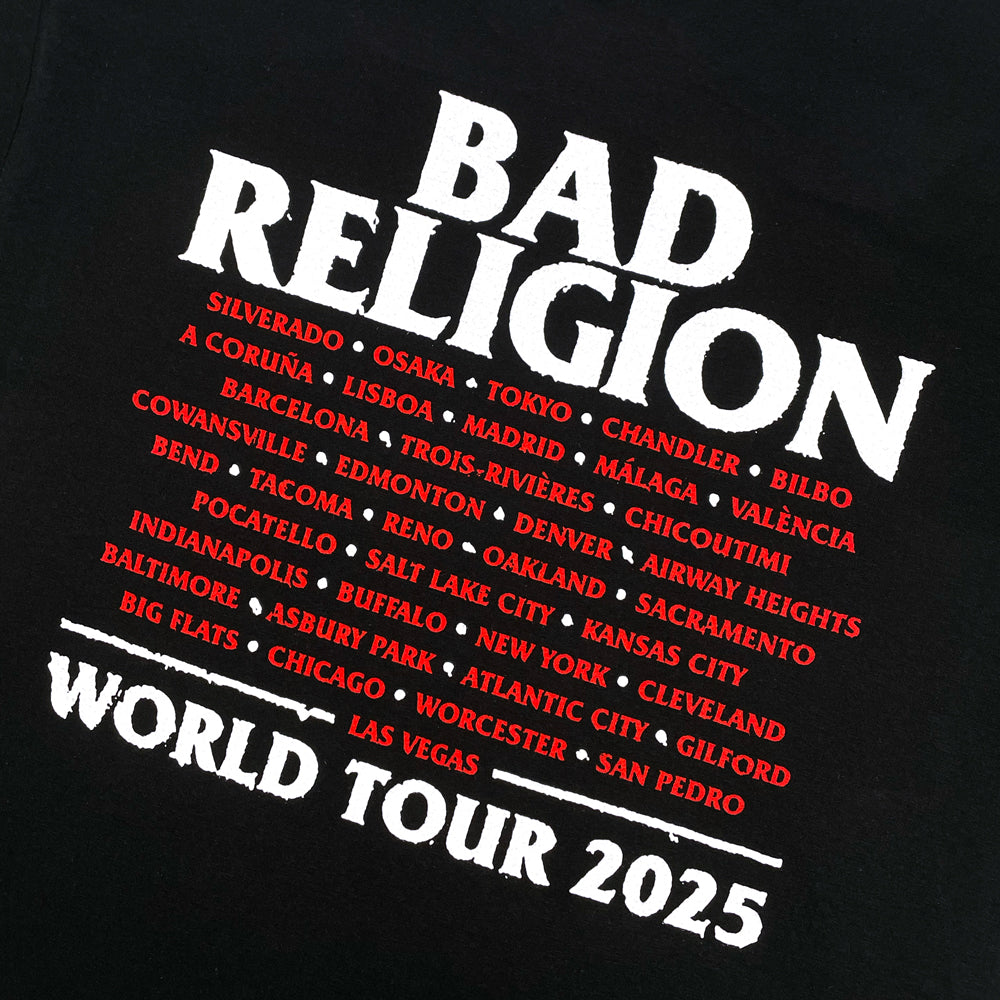 Close up of a black t-shirt with white lettering reading "BAD RELIGION WORLD TOUR 2025" and red lettering listing the cities from Bad Religion's 2025 tour