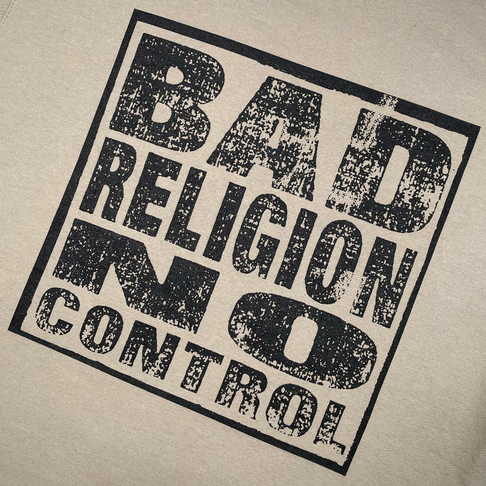 Close up of a cement grey sweatshirt from behind with script reading "BAD RELIGION NO CONTROL"