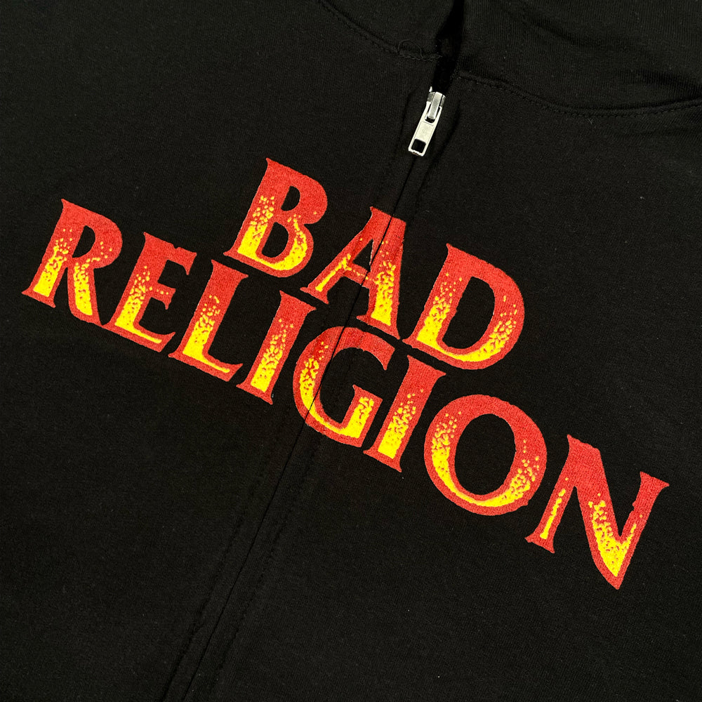 Close up of a black Bad Religion front print with red lettering reading "BAD RELIGION"