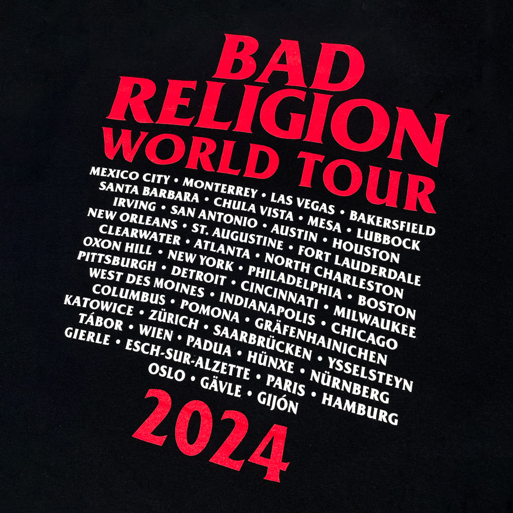 Close up of a black Bad Religion t-shirt back print with red text reading "BAD RELIGION WORLD TOUR 2024" along with the list of cities from the 2024 tour