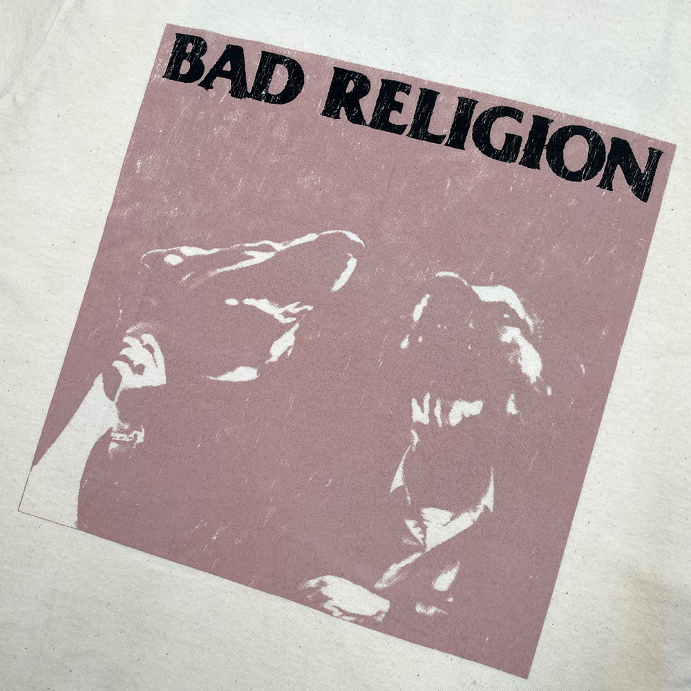Close up of the front print of natural Bad Religion long sleeve with graphic of Bad Religion Recipe for Hate album cover with lettering on the sleeves reading "United States 2023"